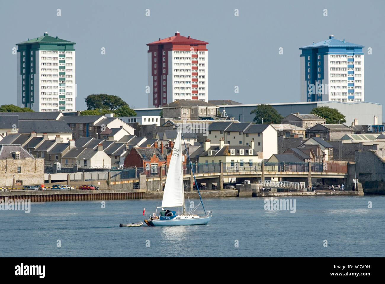 River Tamar and Devonport high rise blocks of flats painted bold