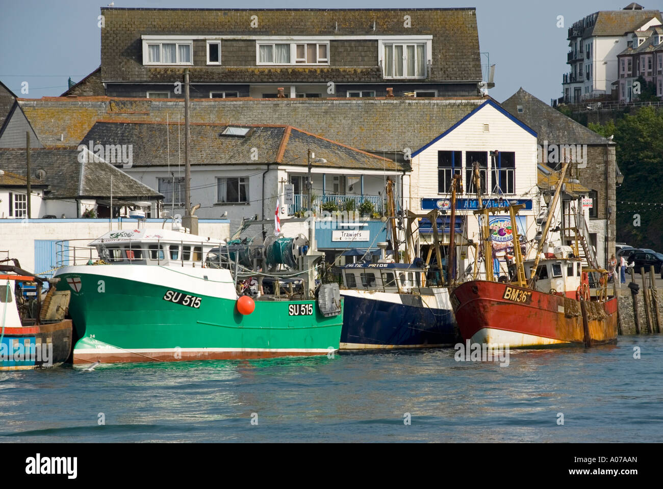 Touristy East Looe Cornish coastal town & fishing port boats moored at ...