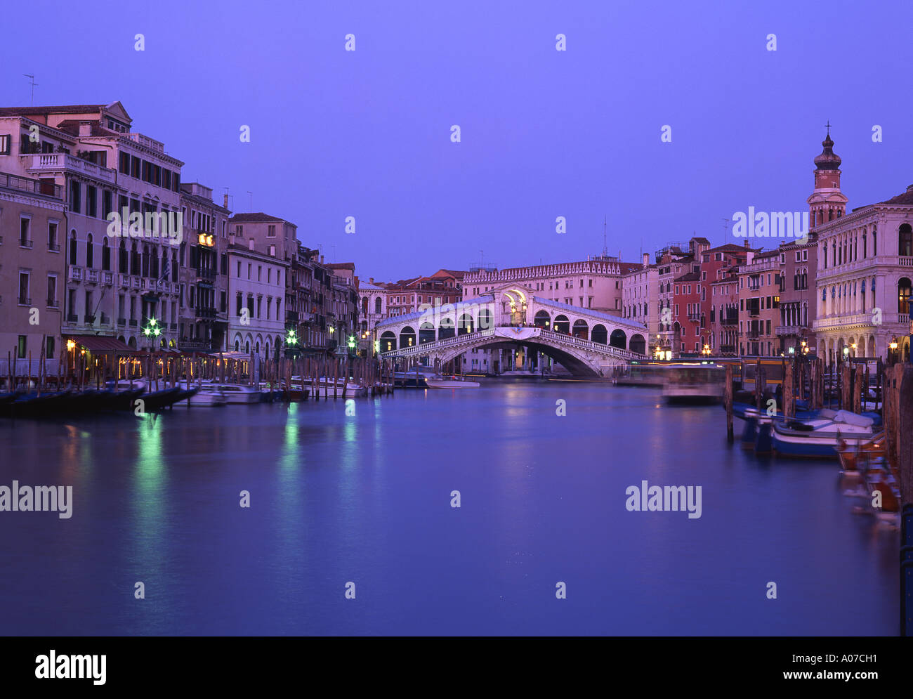 Rialto Bridge at night View from Riva del Carbon Grand Canal Venice Veneto Italy Stock Photo