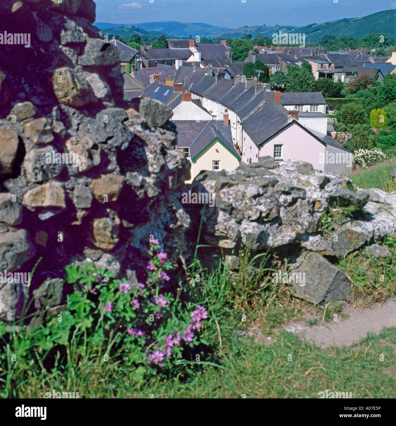 Llandovery houses from Llandovery castle Carmarthenshire Wales UK Stock Photo