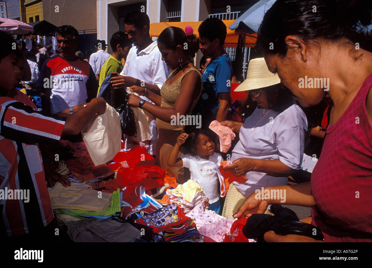 Open-air market, cheap, inexpensive clothes for sale, popular commerce for low income customers at Juazeiro do Norte in Ceara State, Brazil. Stock Photo