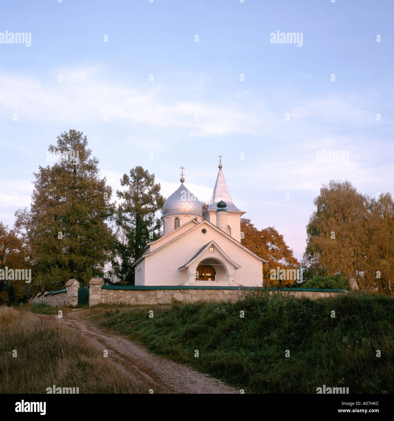 Famous Orthodox church at Behovo village in soft evening light on great Russian river Oka Stock Photo