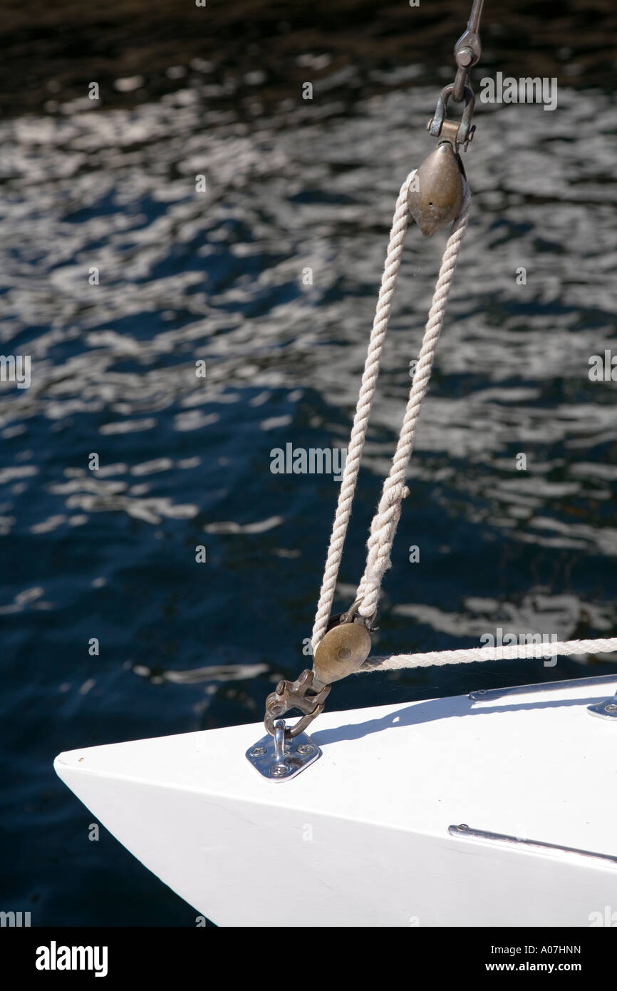 Pulleys on yacht rigging showing mechanical advantage Seattle USA Stock