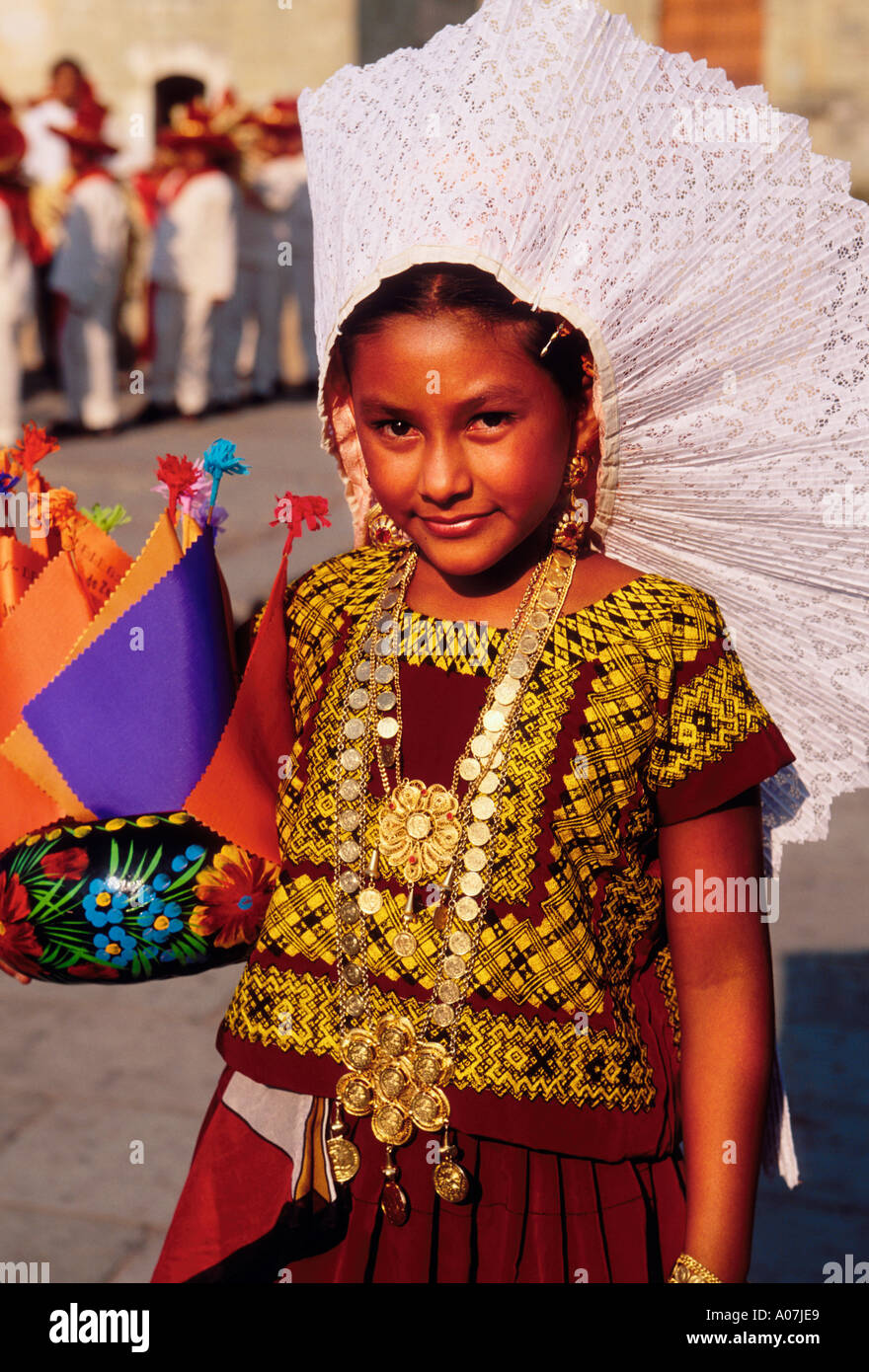 Mexican girl, Mexican, girl, costumed dancer, eye contact, front view, portrait, Guelaguetza Festival, Oaxaca, Oaxaca de Juarez, Oaxaca State, Mexico Stock Photo