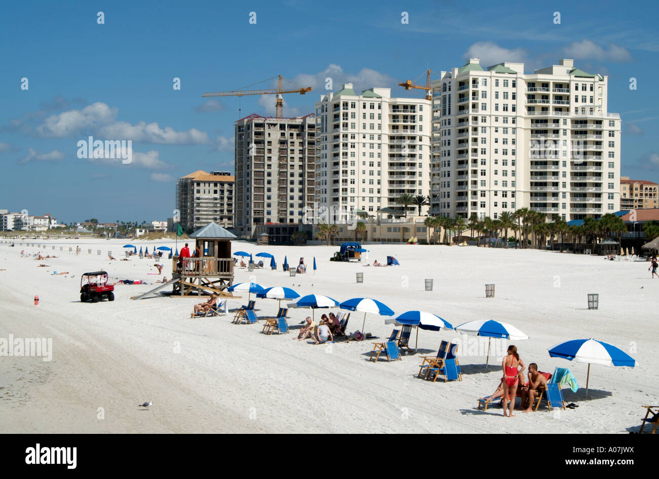 Clearwater Beach on the Gulf Coast Florida USA. Highrise hotel and apartment blocks. Stock Photo