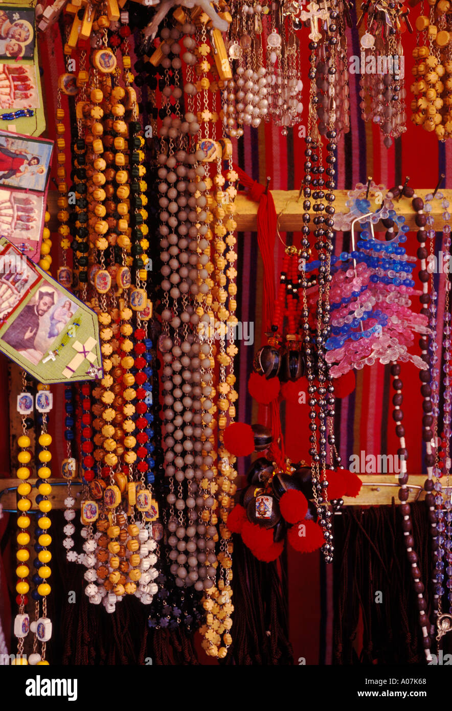 rosary bead, religious articles, vendor, San Francisco Church, Roman Catholic church, Roman Catholicism, Morelia, Michoacan State, Mexico Stock Photo