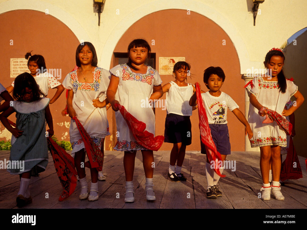 Mexican children, boys and girls, students, dancers, dancing, primary school, elementary school, Merida, Yucatan State, Yucatan Peninsula, Mexico Stock Photo