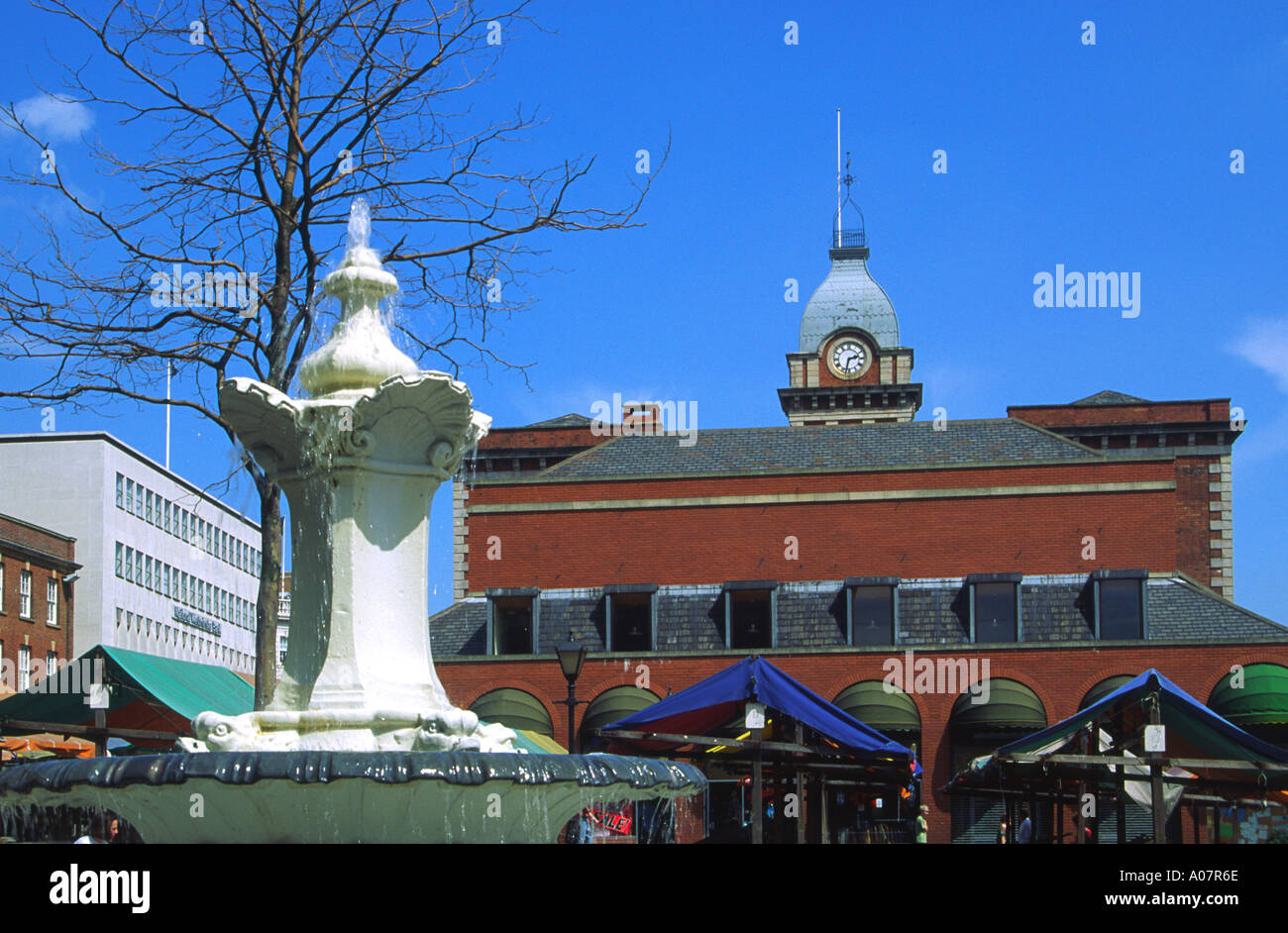 Water fountain and Market Hall Chesterfield Derbyshire England Stock