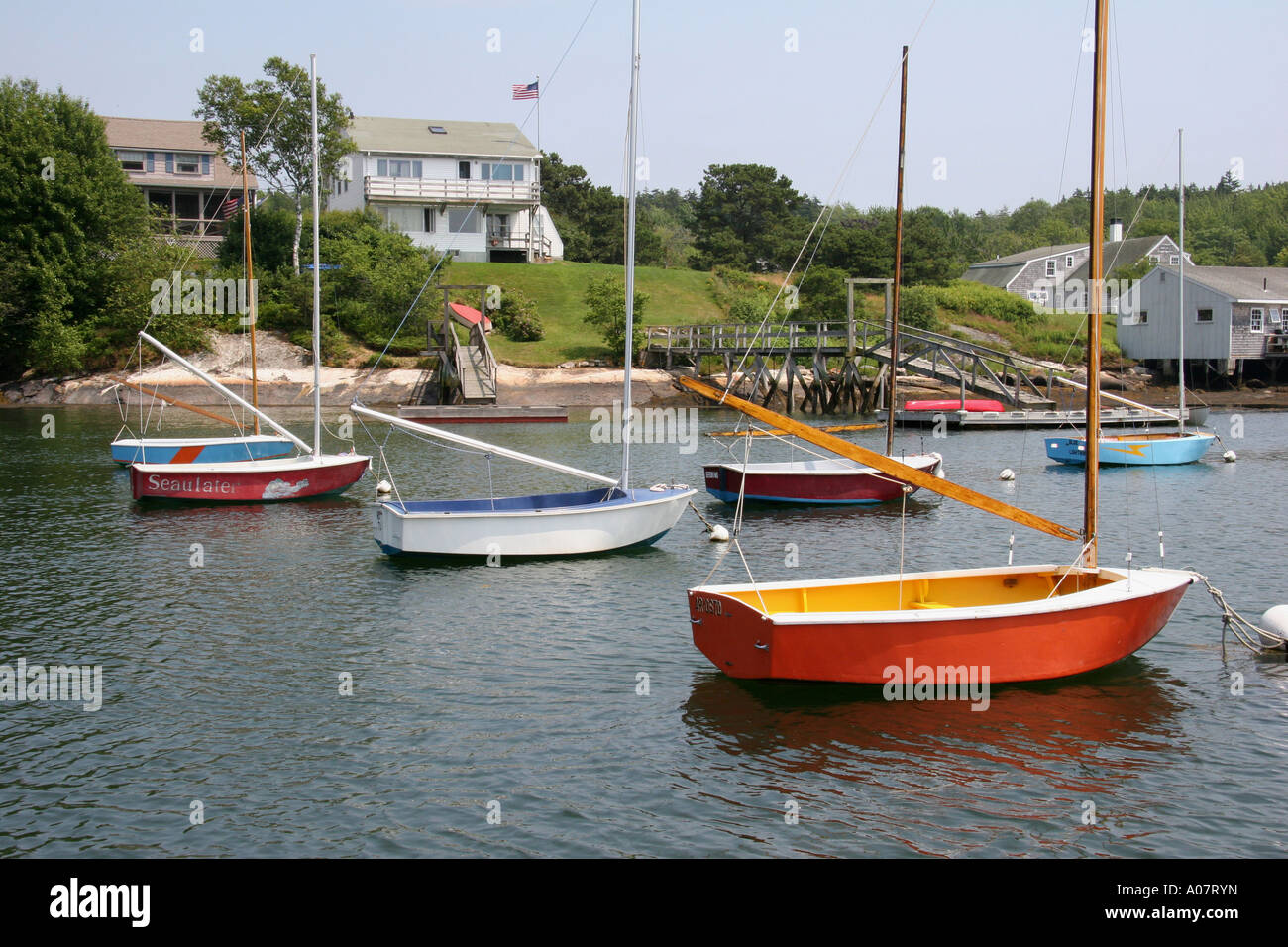 Turnabout Sailboats at Cozy Harbor Stock Photo