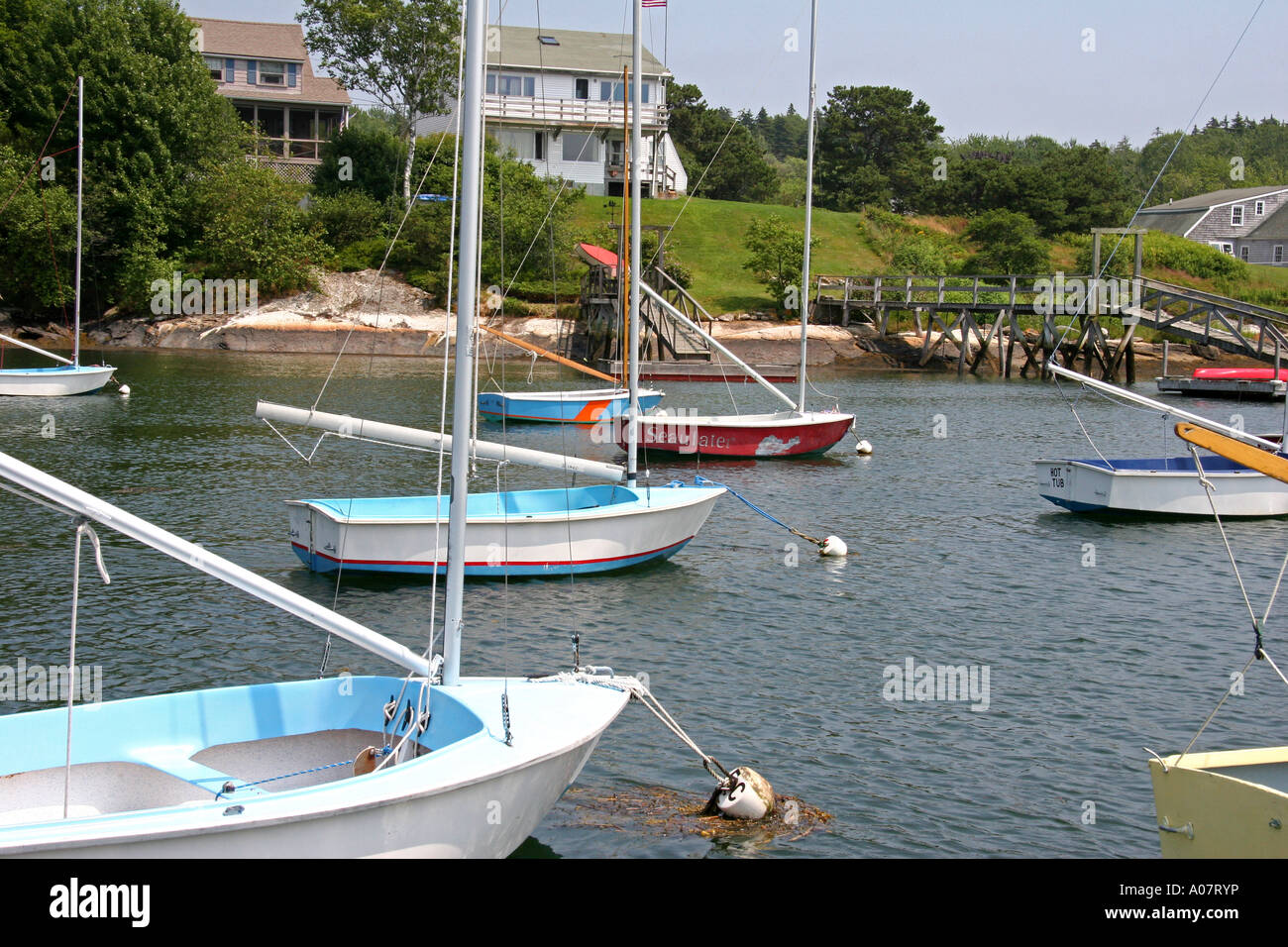 Turnabout Sailboats at Cozy Harbor Stock Photo