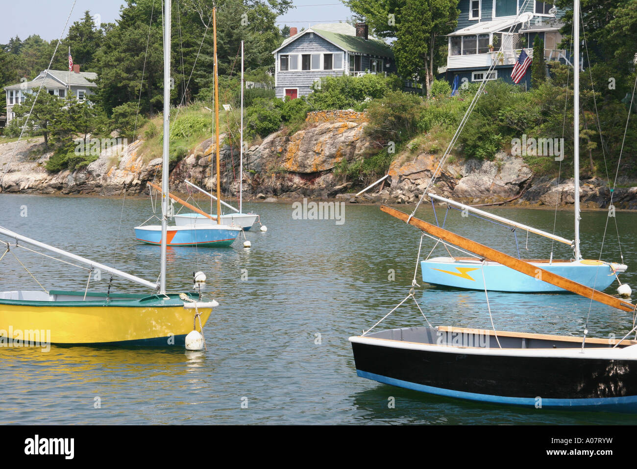 Turnabout Sailboats at Cozy Harbor Stock Photo