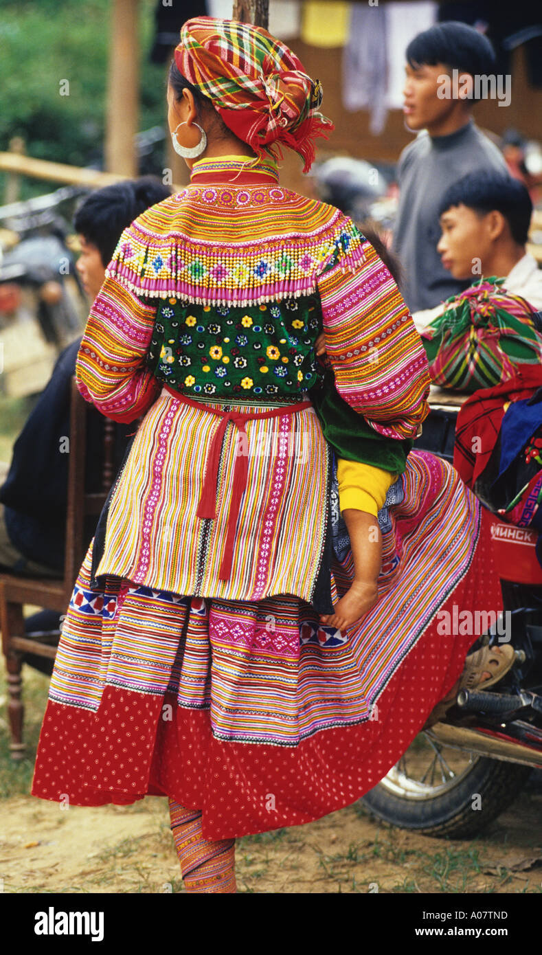 Back View Flower Hmong Girl Coc Ly Market Vietnam Stock Photo