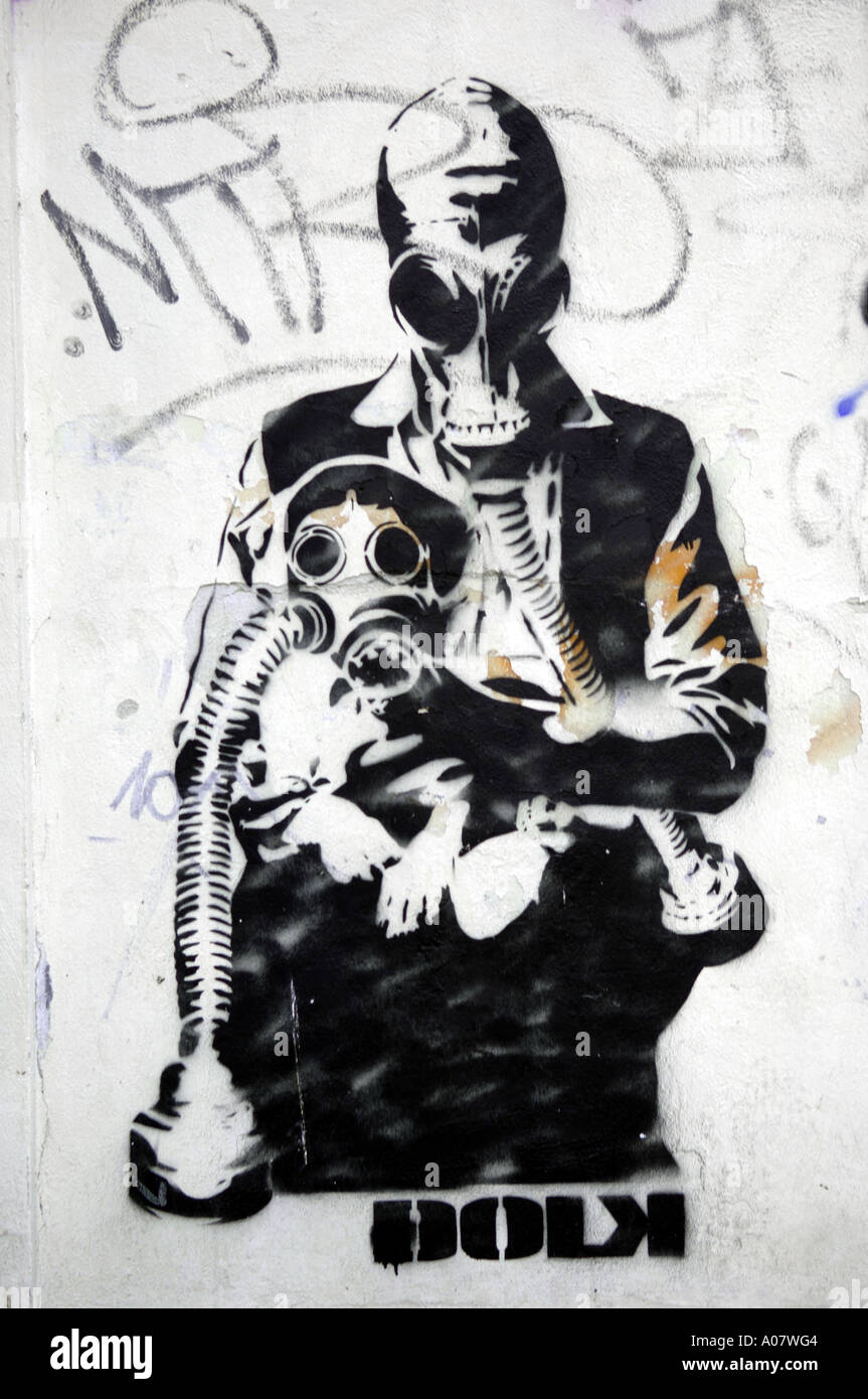 graffiti, man and dog in gas masks, Prague, czech Republic, europe, stencil, art, aerosol, Stock Photo