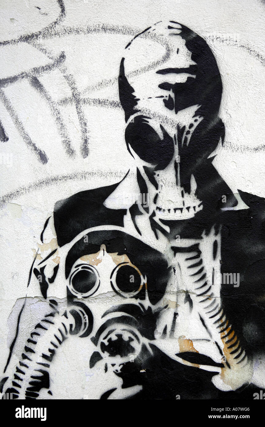 graffiti, man and dogin gas masks, Prague, czech Republic, europe, stencil, art, aerosol, Stock Photo