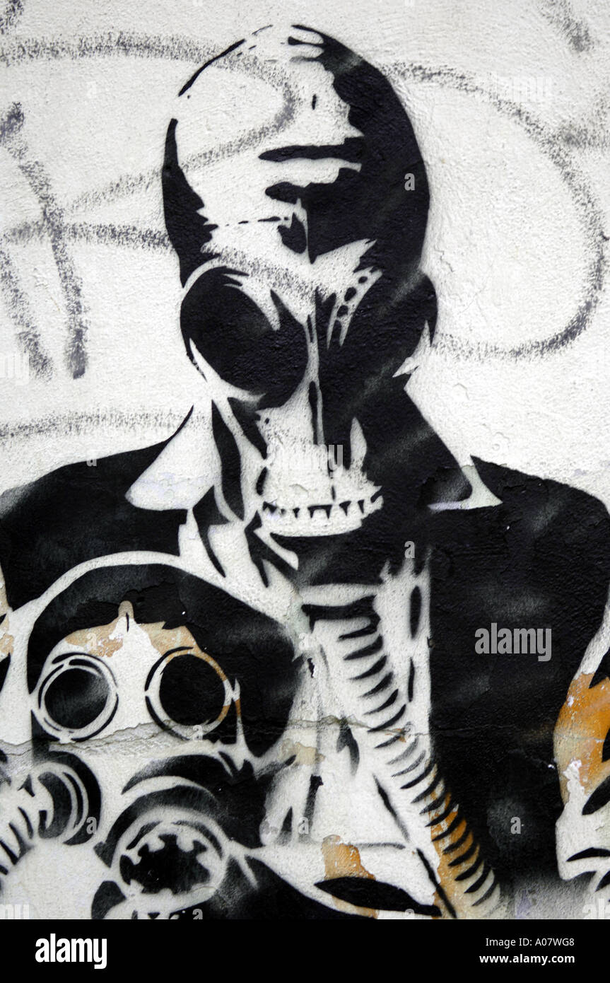 graffiti, man and dog in gas masks, Prague, czech Republic, europe, stencil, art, aerosol, Stock Photo
