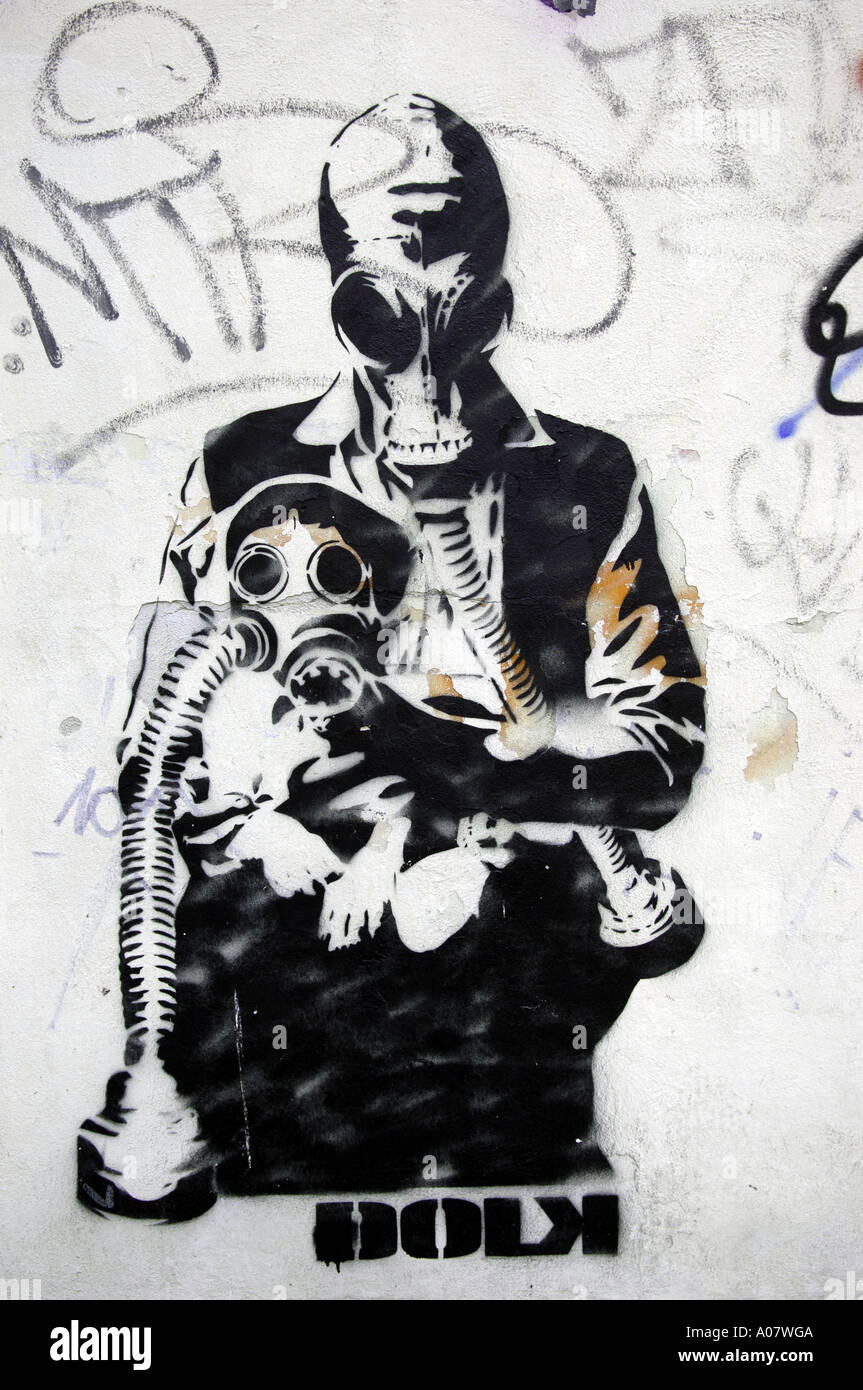 graffiti, man and dog in gas masks, Prague, czech Republic, europe, stencil, art, aerosol, spraypaint Stock Photo
