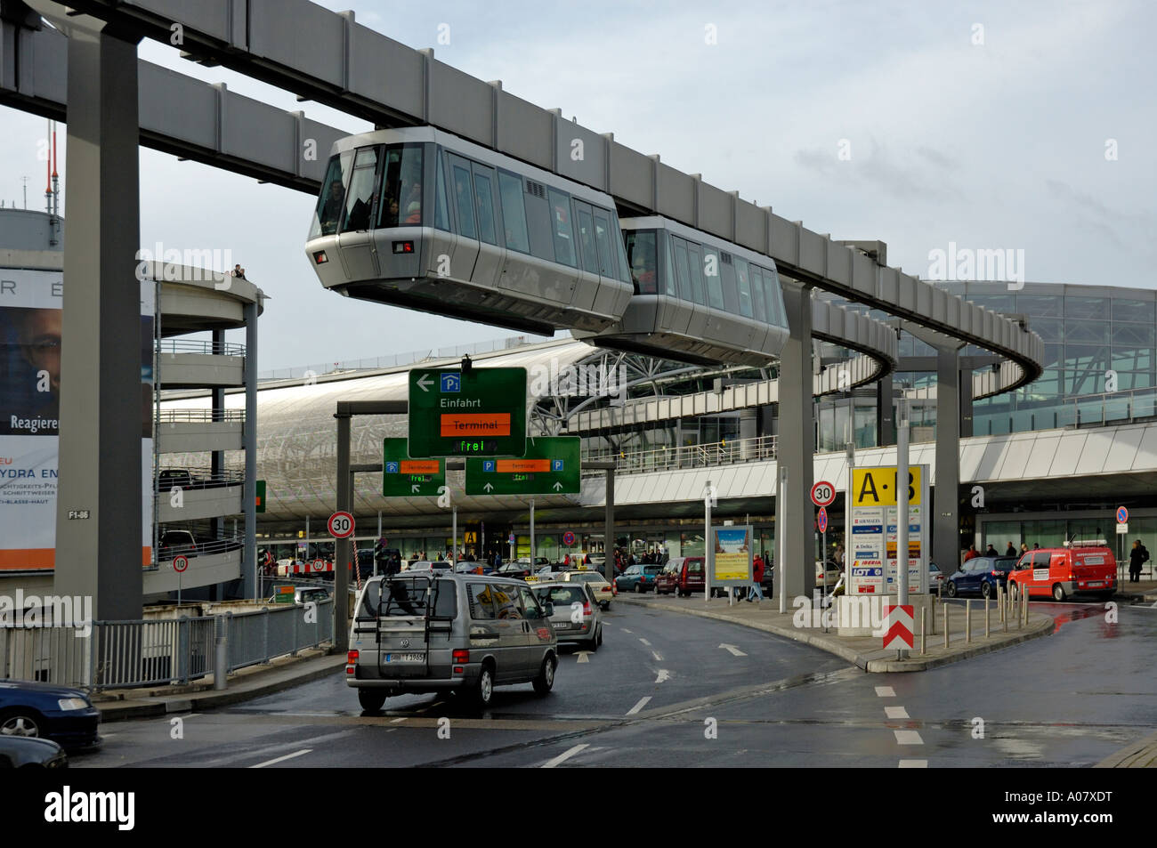 Skytrain approaching  Duesseldorf International Airport, Germany. Stock Photo