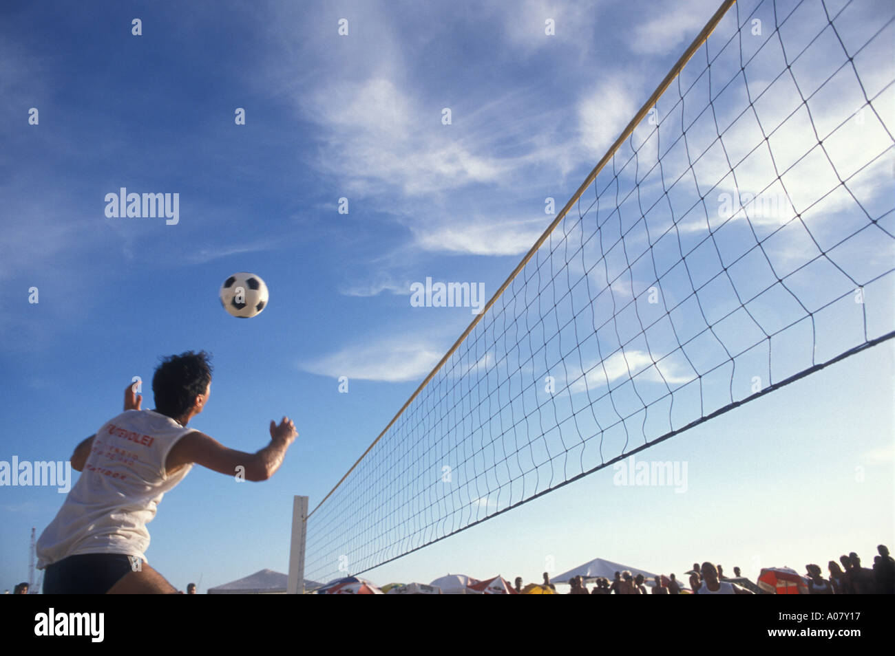 futevolei or footvolley in Brazil beach volleyball game played using