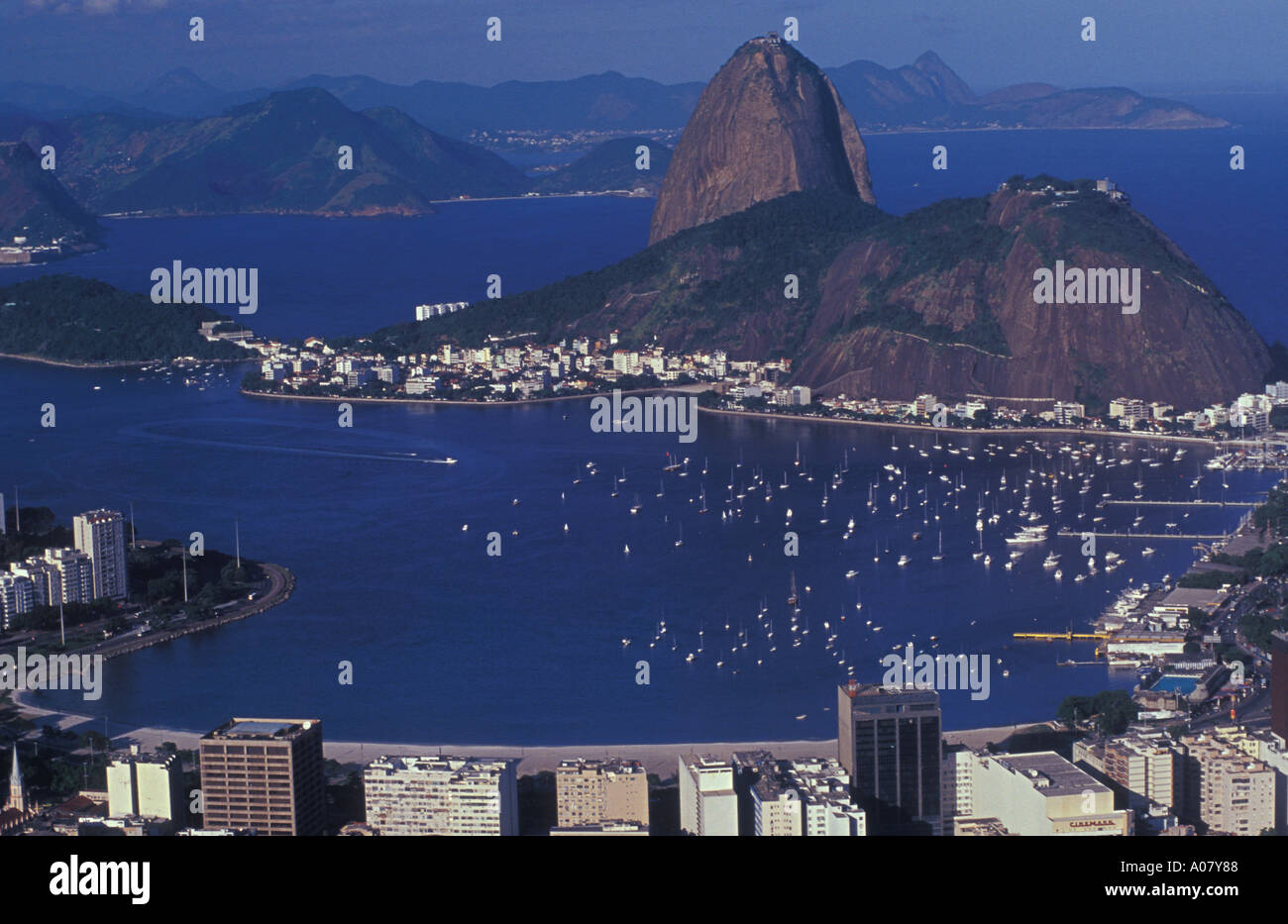 Botafogo beach and Sugar Loaf Boats at Rio de Janeiro Yacht Club Buildings sunny day travel tourism Stock Photo