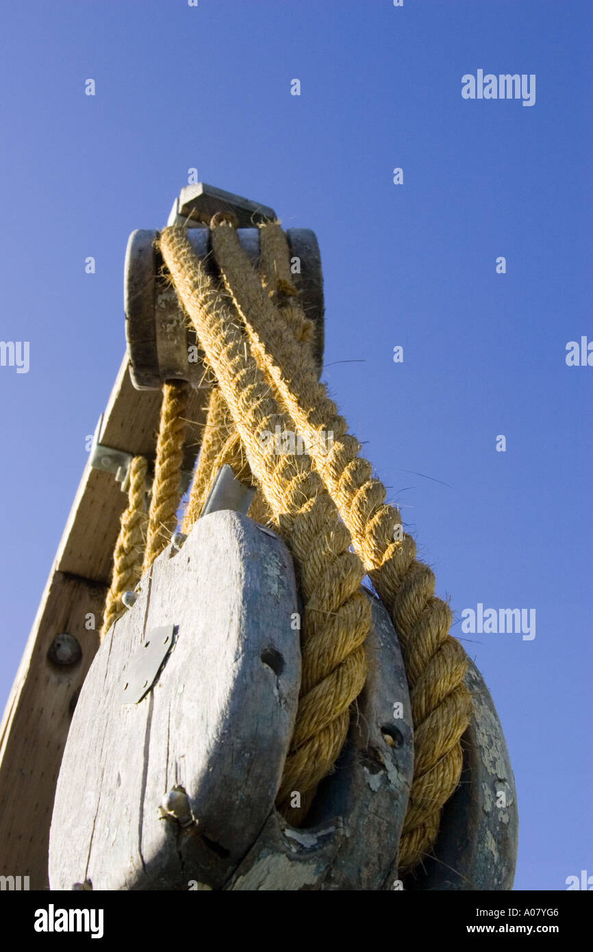Block and tackle on boom Stock Photo