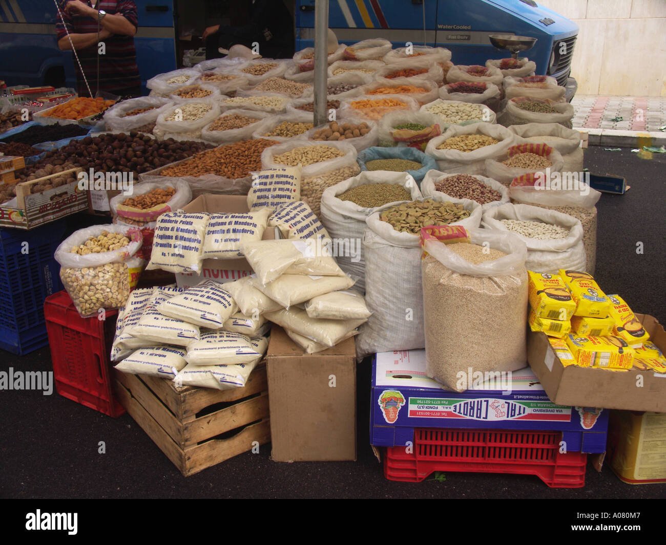 Beans, pulses and other food products on display at a market stall in Sicily Italy Stock Photo