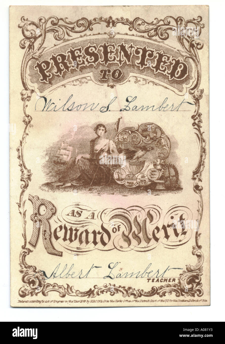 Reward of Merit card circa 1866 Stock Photo
