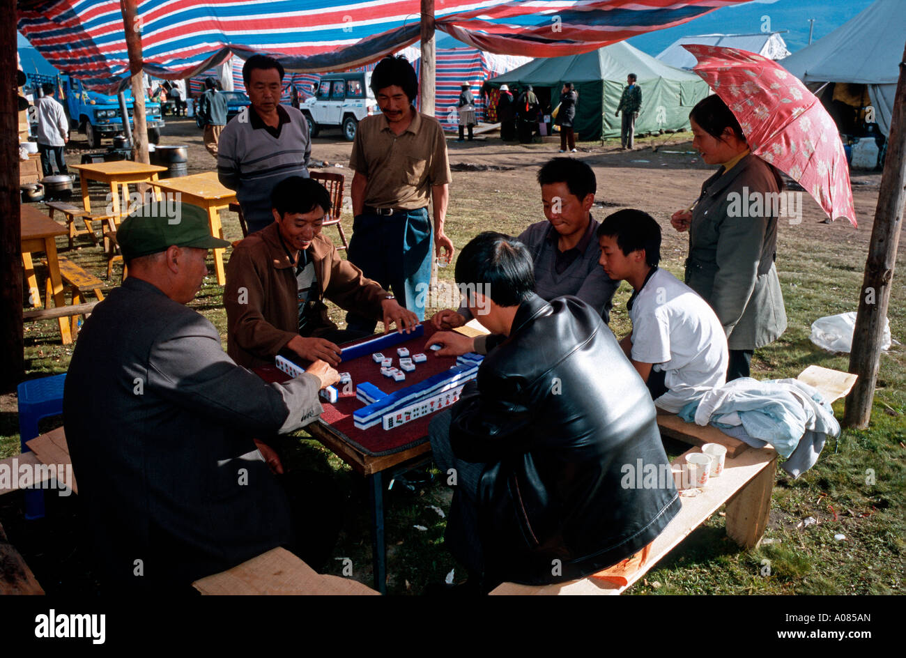 Locals play Mahjong in Litang in Northern Sichuan. Stock Photo