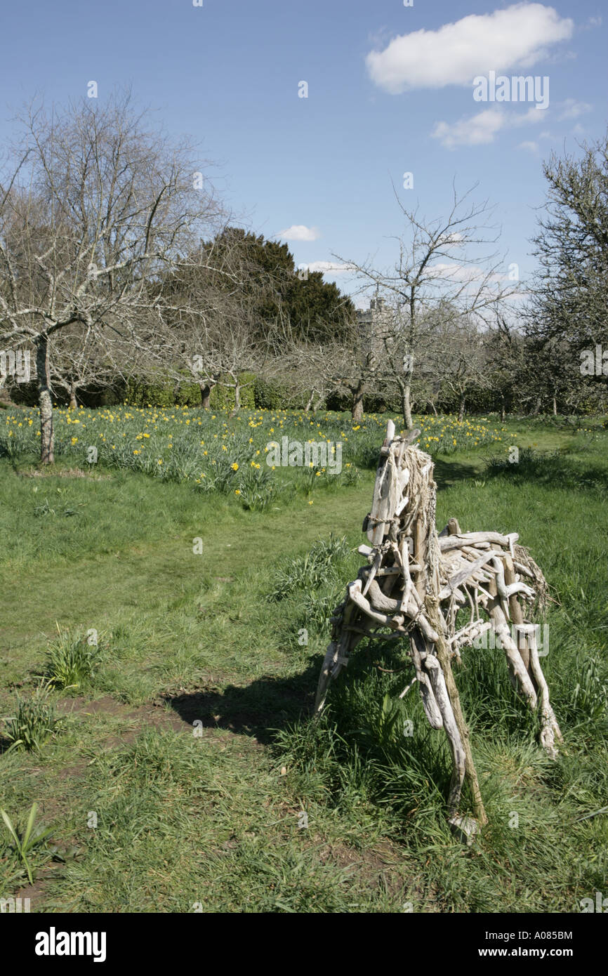 A horse made from wood in the  gardens of  Cotehele an estate near Saltash Stock Photo