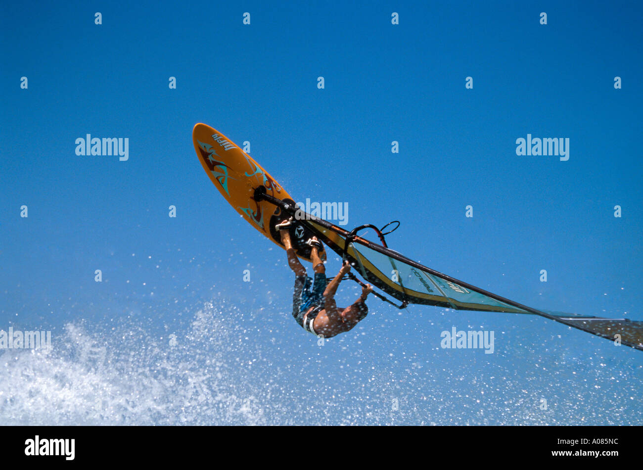 Windsurfing jump Sotavento Fuerteventura ESP SPAIN Stock Photo