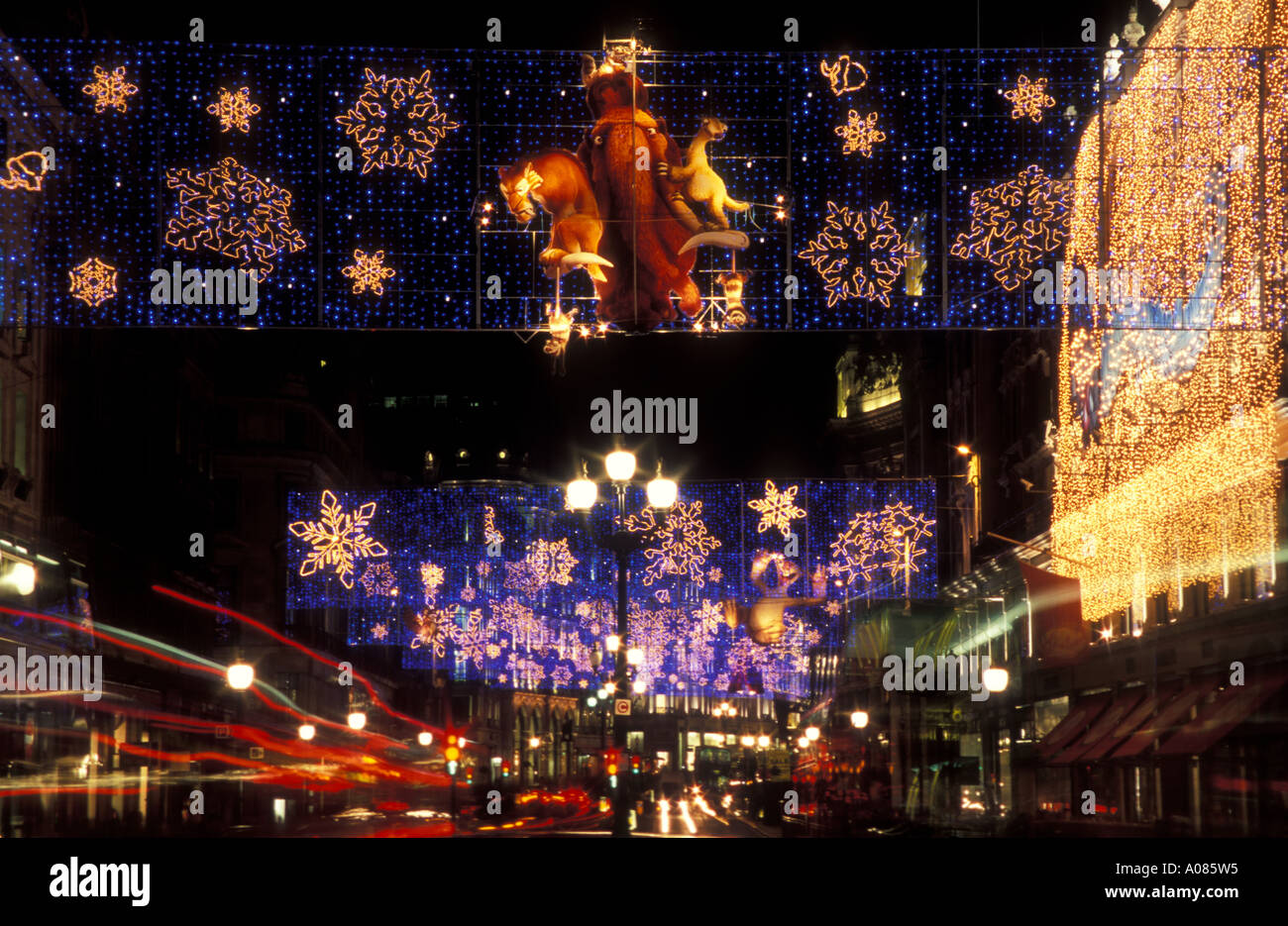 Christmas Lights with Decorations in Regent Street London 2005 Stock Photo