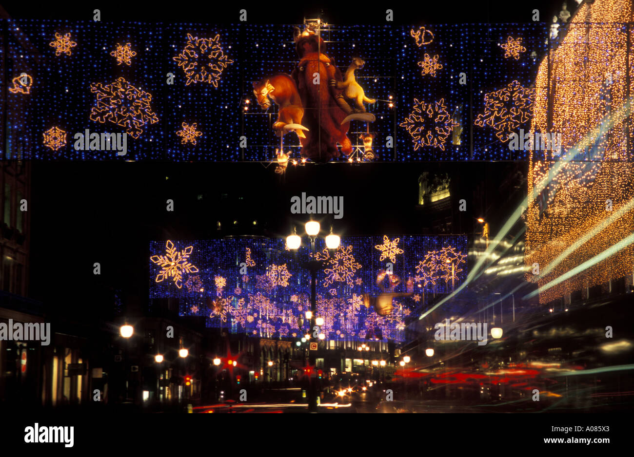 Christmas Lights with Decorations in Regent Street London 2005 Stock Photo