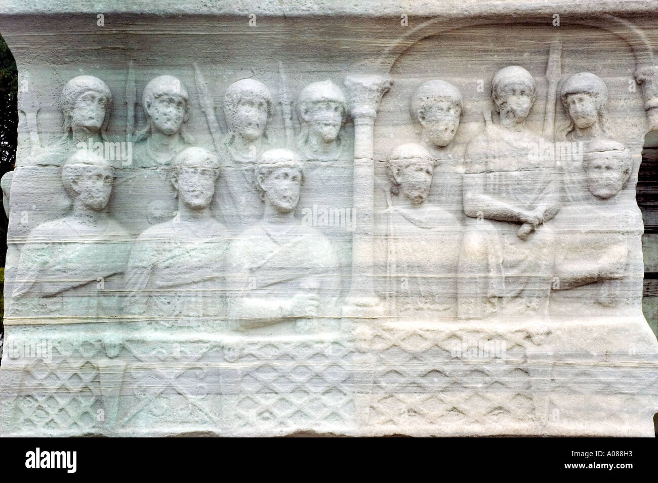 Close up of  the base pedestal of Emperor Theodosius the 1st Obelisk, Hippodrome, Istanbul, Turkey. DSC 6987 Stock Photo