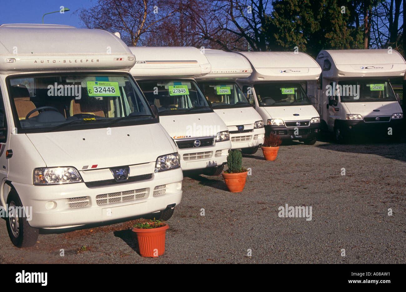 Selection of brand new motorhomes on sale in UK Stock Photo