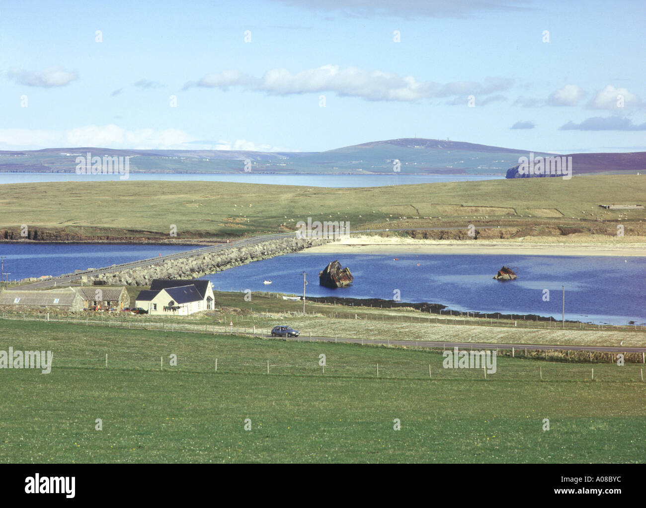 dh 3rd Churchill Barrier Scotland CHURCHILL BARRIERS ORKNEY ISLES Weddell sound and block ships scapa flow Stock Photo