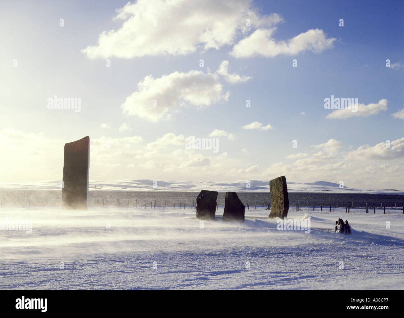 dh Stenness Standing Stones STENNESS ORKNEY Neolithic standing stones henge in snow blizzard storm Stock Photo