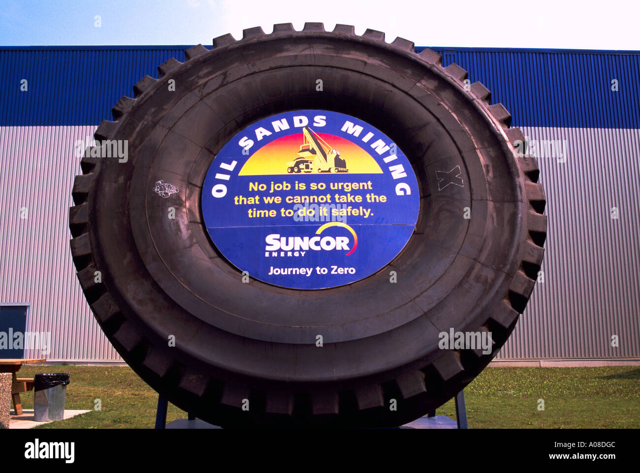 Giant Tire from Mining Truck, recycled as Suncor Work Site Safety Sign, in Athabasca Tar Sands