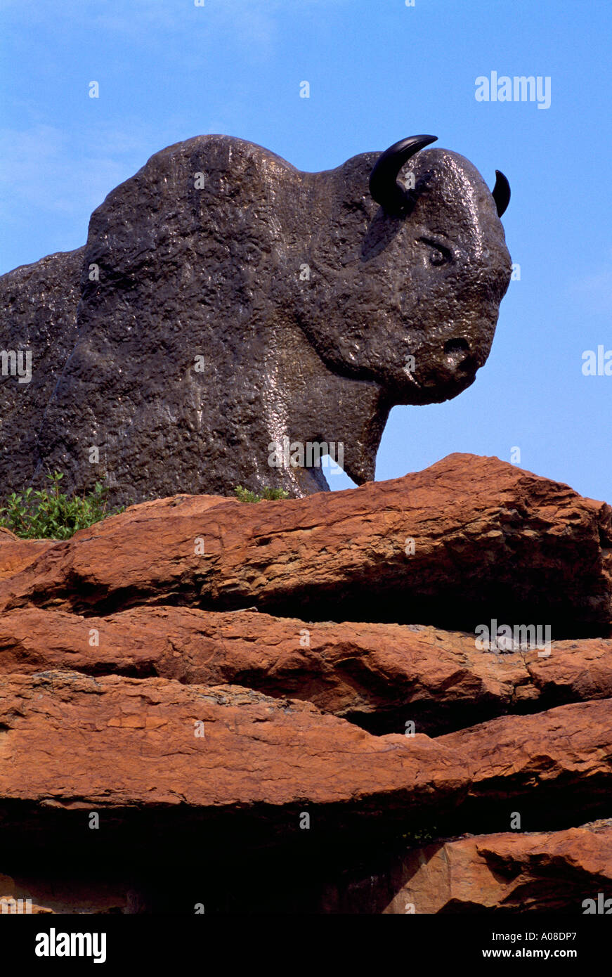 Modern Stone Sculpture at Wood Bison Gateway to Syncrude Athabasca Tar Sands, near Fort McMurray, Alberta, Canada Stock Photo