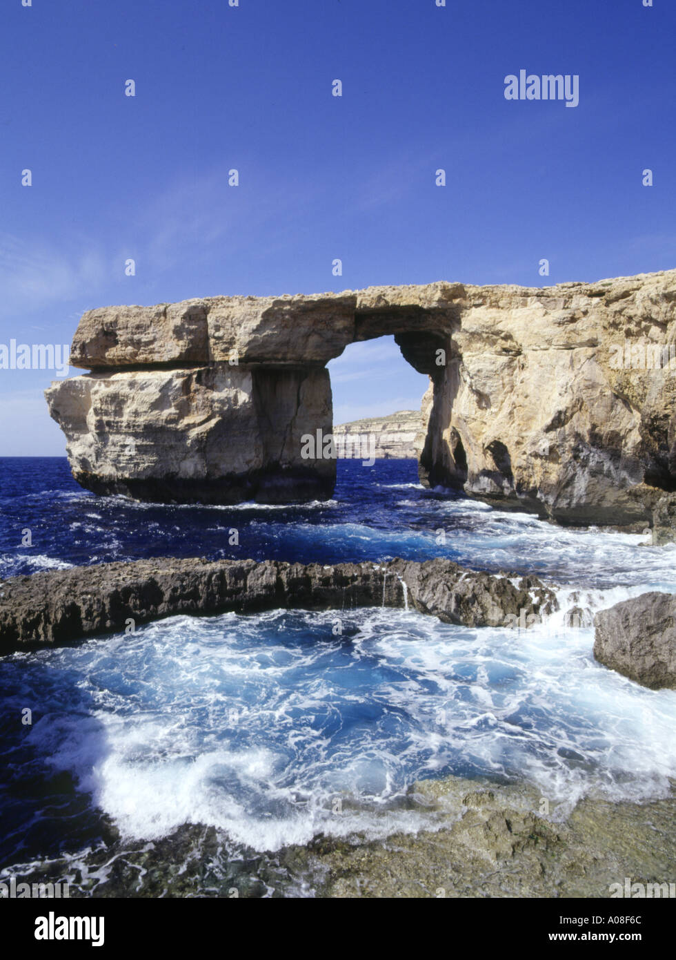 dh Azure Window DWEJRA POINT GOZO Natural rock arch island of seacliffs malta blue sky formations Stock Photo