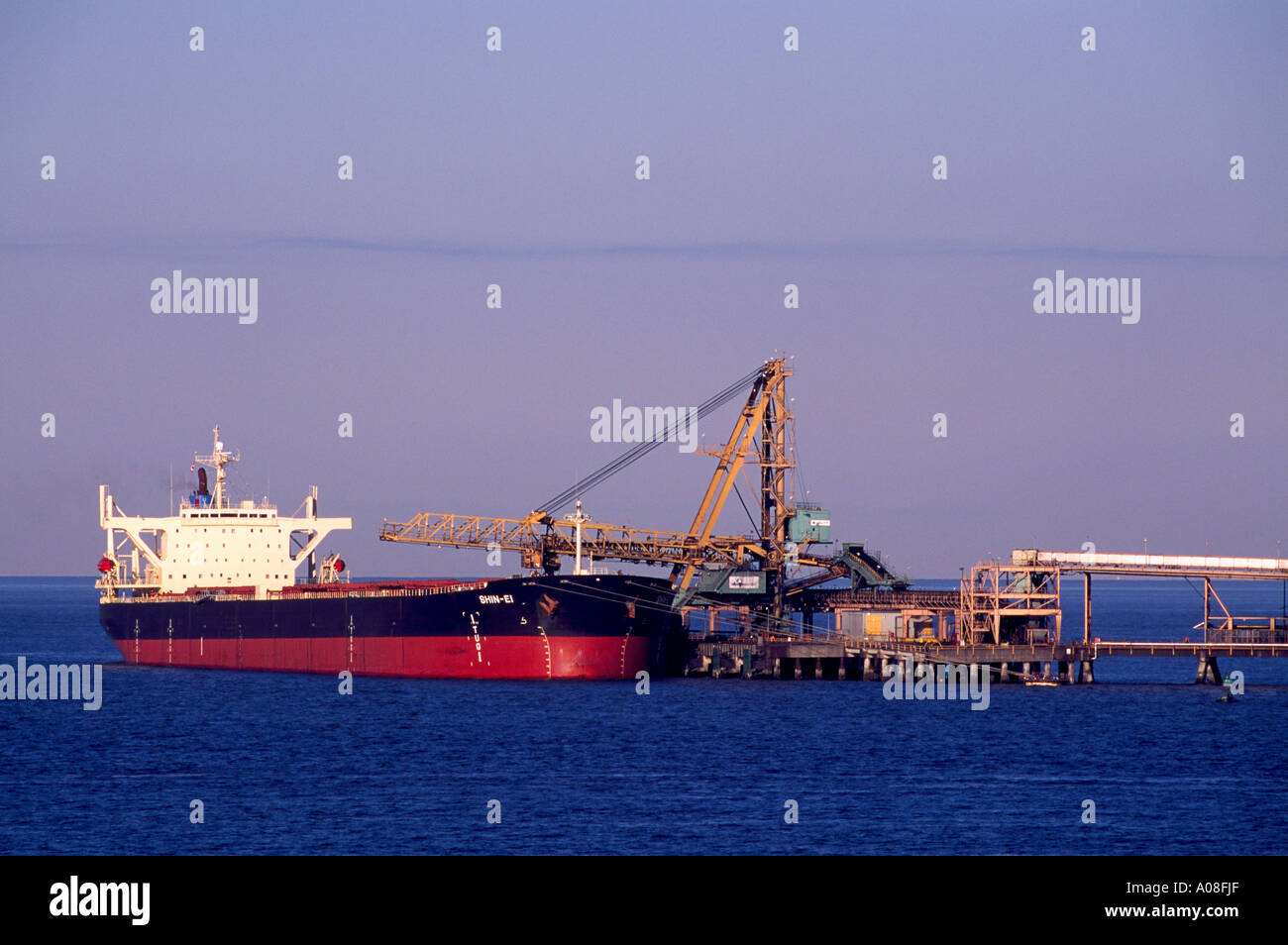An Ocean-Going Ship loading Coal at Westshore Terminals at Roberts Bank near Vancouver in British Columbia Canada Stock Photo