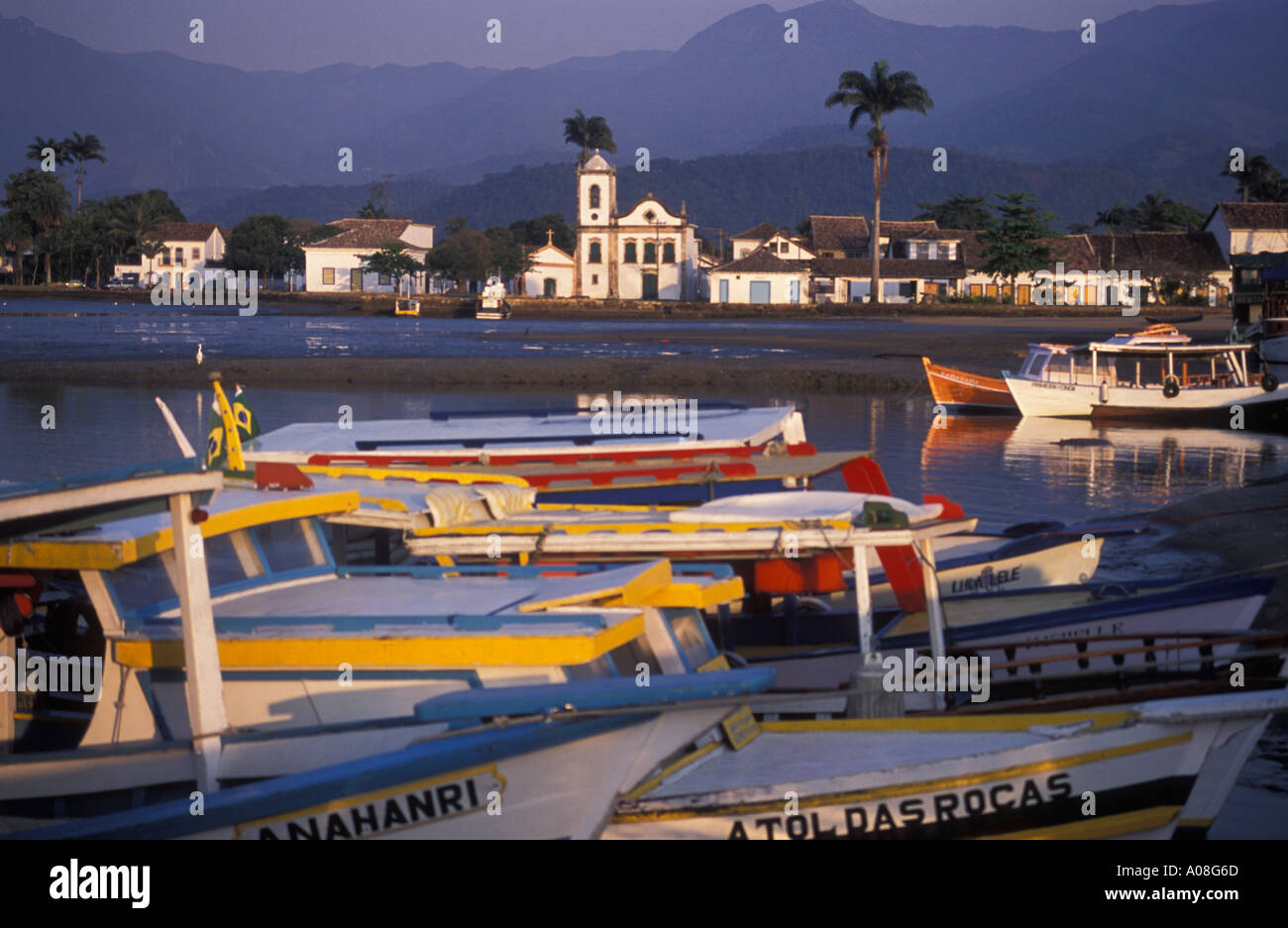 The city of Parati as seem from Parati Bay Costa Verde Green Coast Rio de Janeiro state Brazil Church boats architec Stock Photo