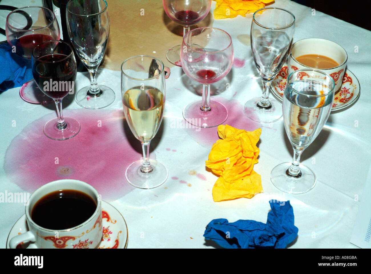 Dirty glasses after a dinner party Stock Photo