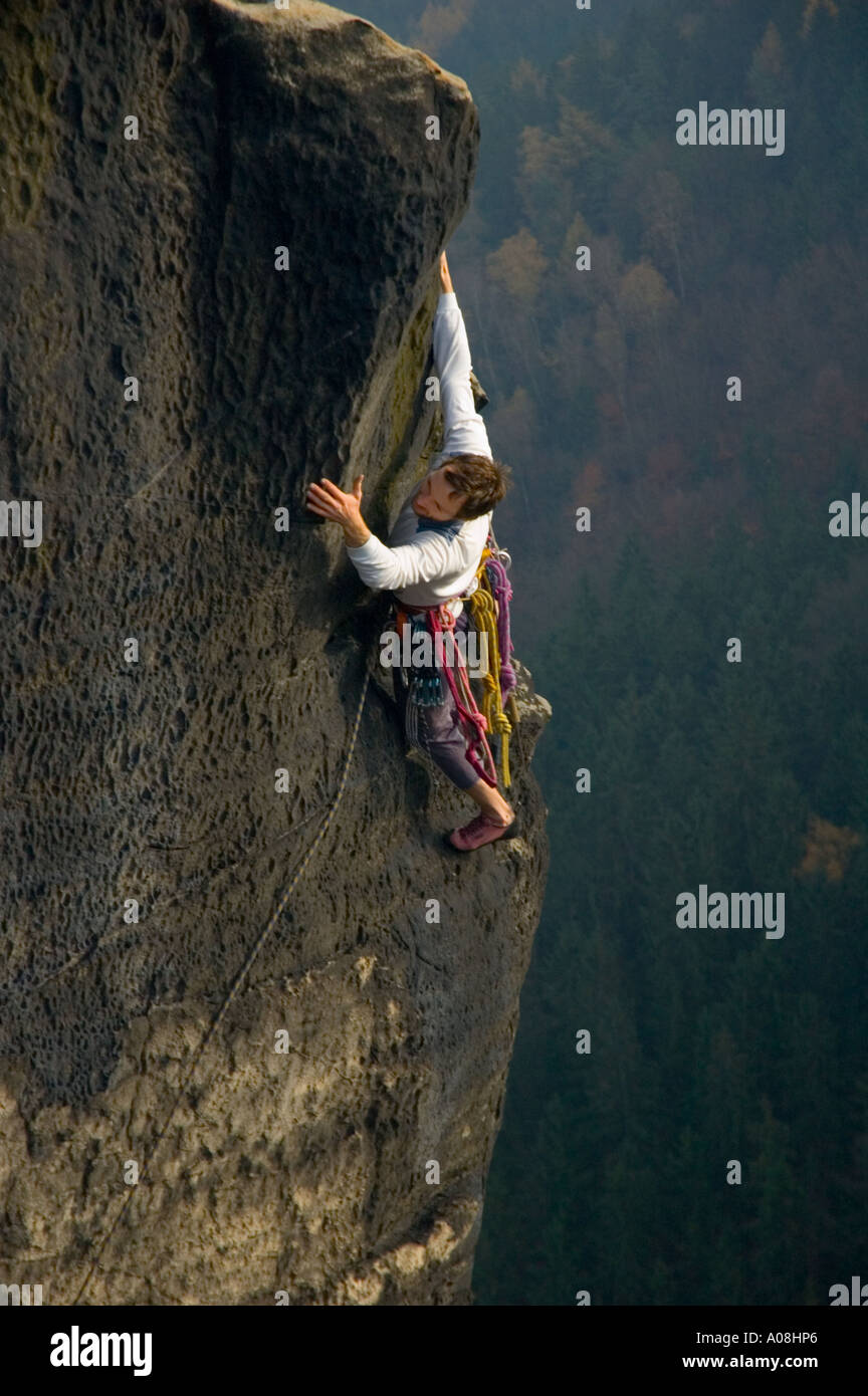 Rock Climber leading a traditional route in the Elbsandsteingebirge