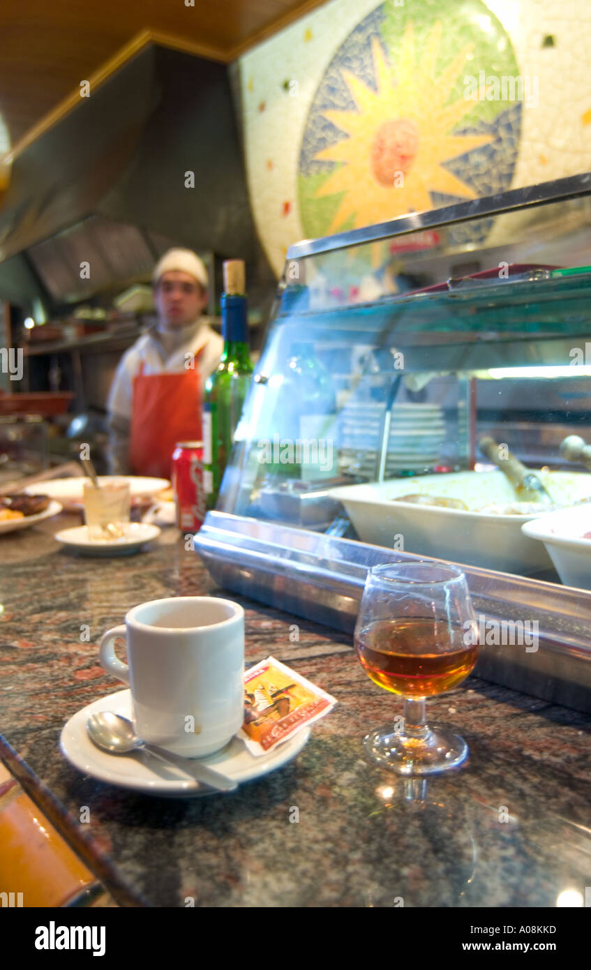 short, strong coffee, called "cafe solo" and a glass of brandy on