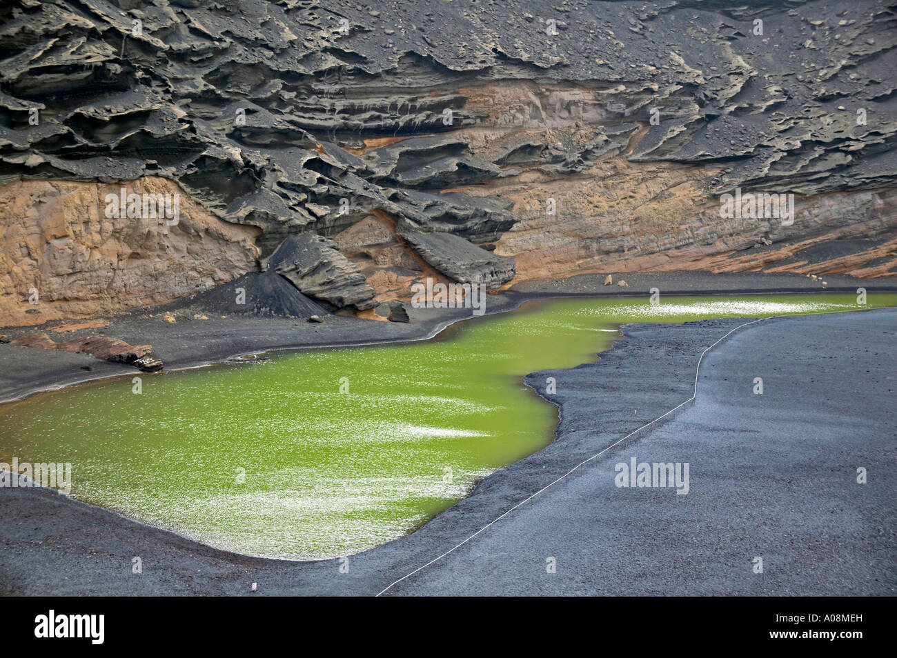 Pool at El Golfo with green algae Lanzarote Canary Islands Spain Stock Photo