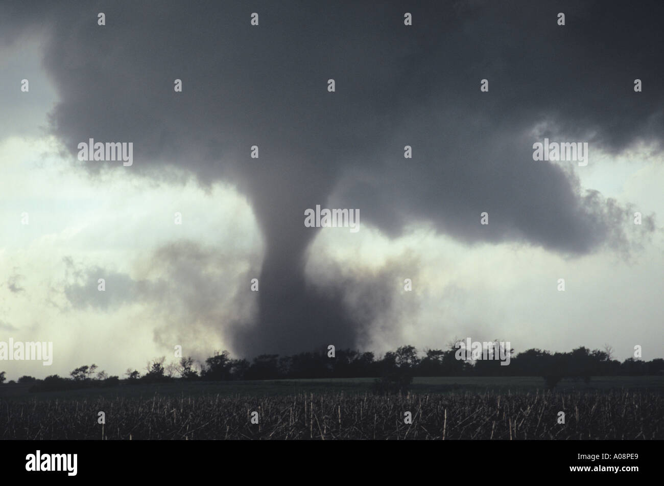 A tornado spins like a top from its wall cloud over farmland in Nebraska, USA. 2004 Stock Photo