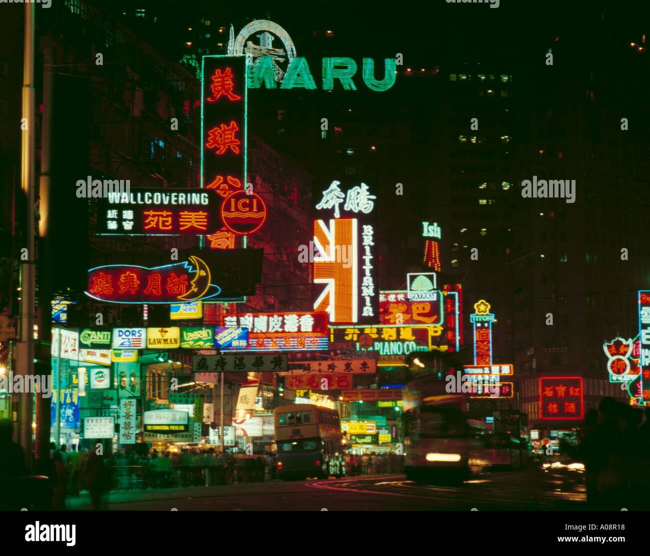 Neon lights, Hennessy Road, Causeway Bay, Hong Kong Island, China, Asia in early 1980s. Stock Photo