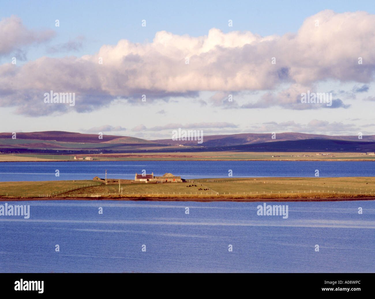 dh Bay of Firth FIRTH ORKNEY Farm on Holm of Grimbister island farmhouse remote house Scotland uk scottish islands cottage northern croft isles Stock Photo