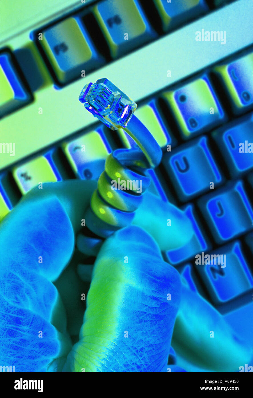 Hand holding computer connection cable Stock Photo