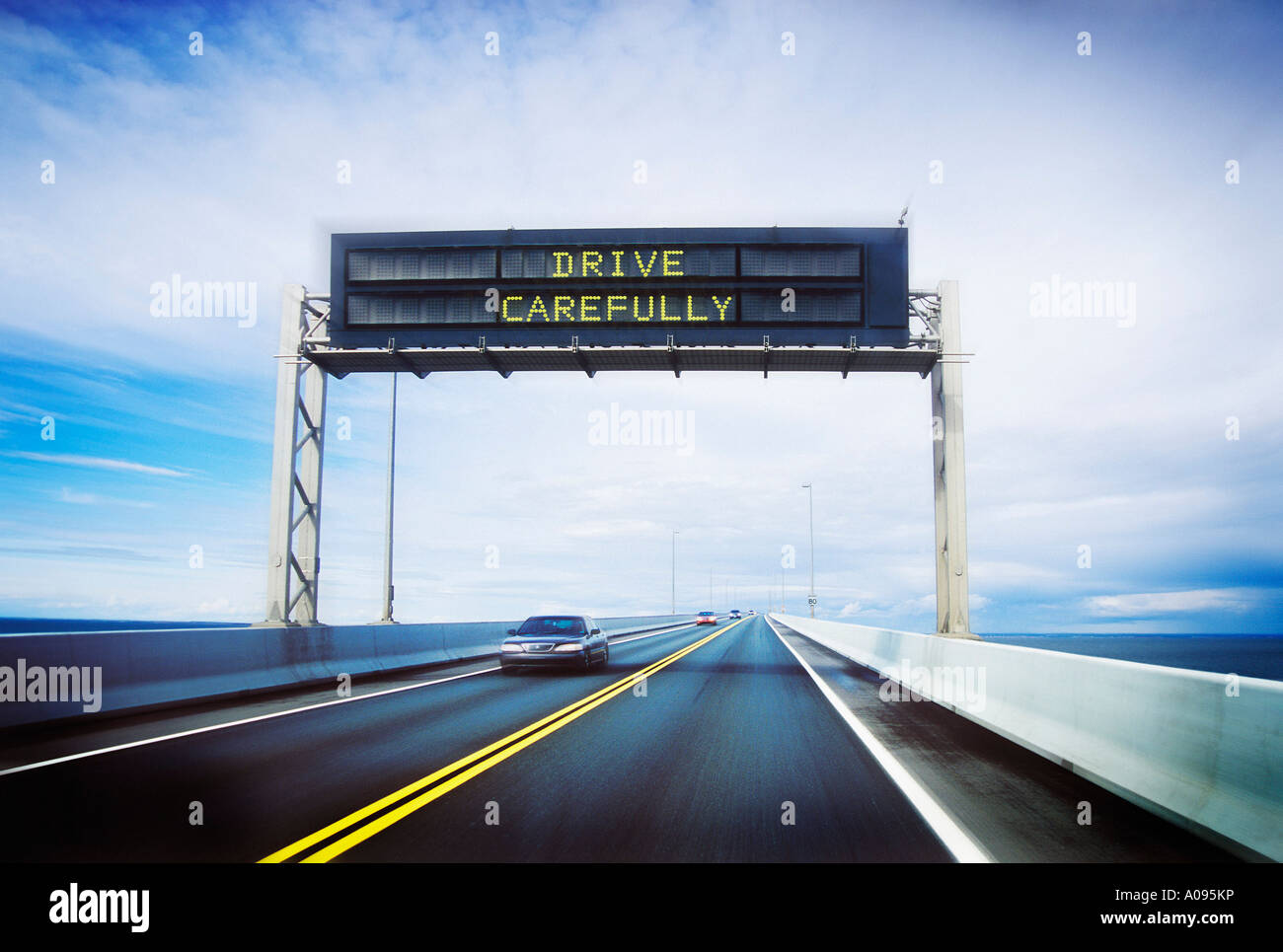 Drive Carefully Sign, Confederation Bridge, Prince Edward Island, Canada Stock Photo