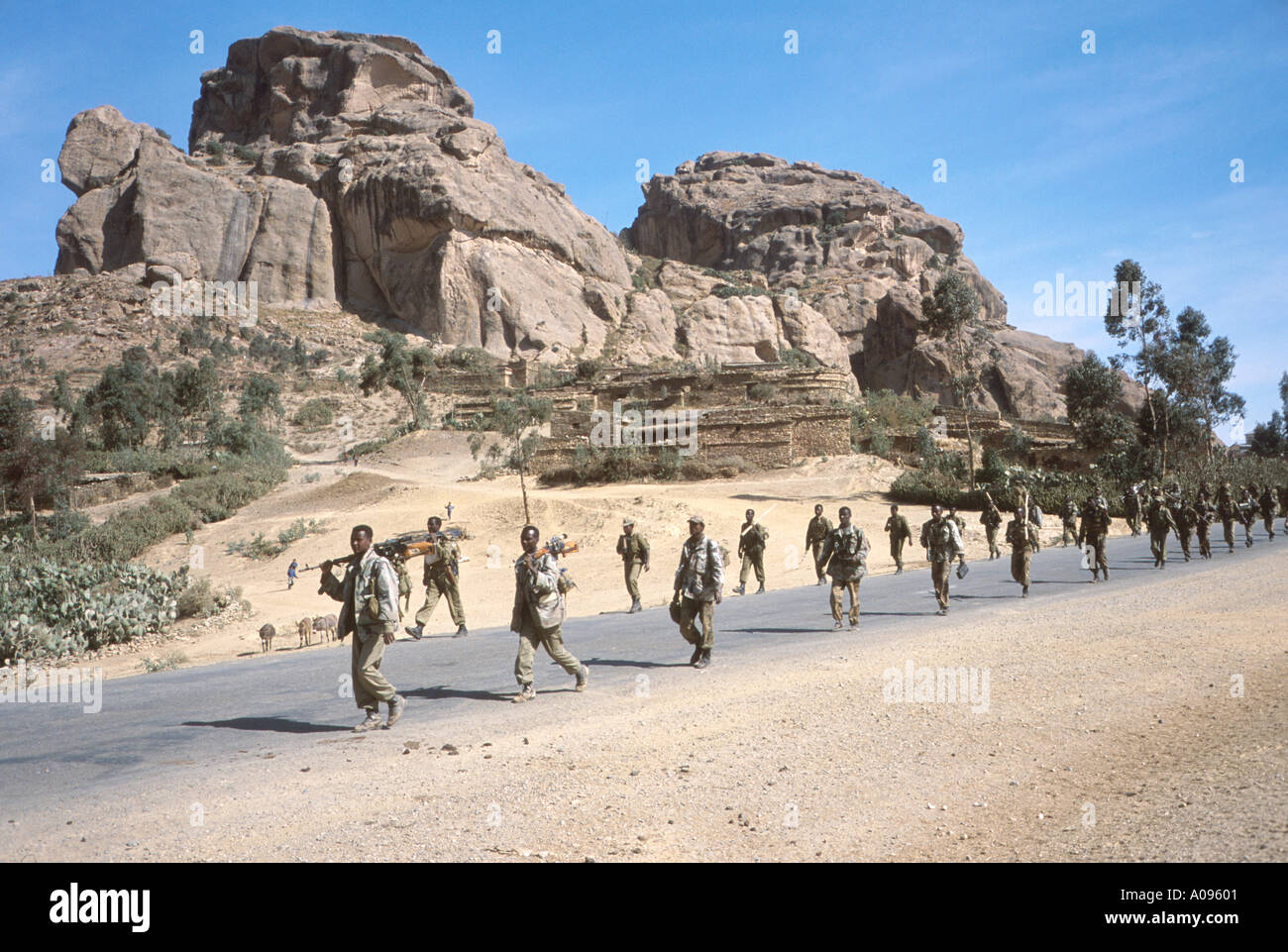Ethiopian Soldiers leaving positions in the high plains of Eritrea during conflict there Africa Stock Photo